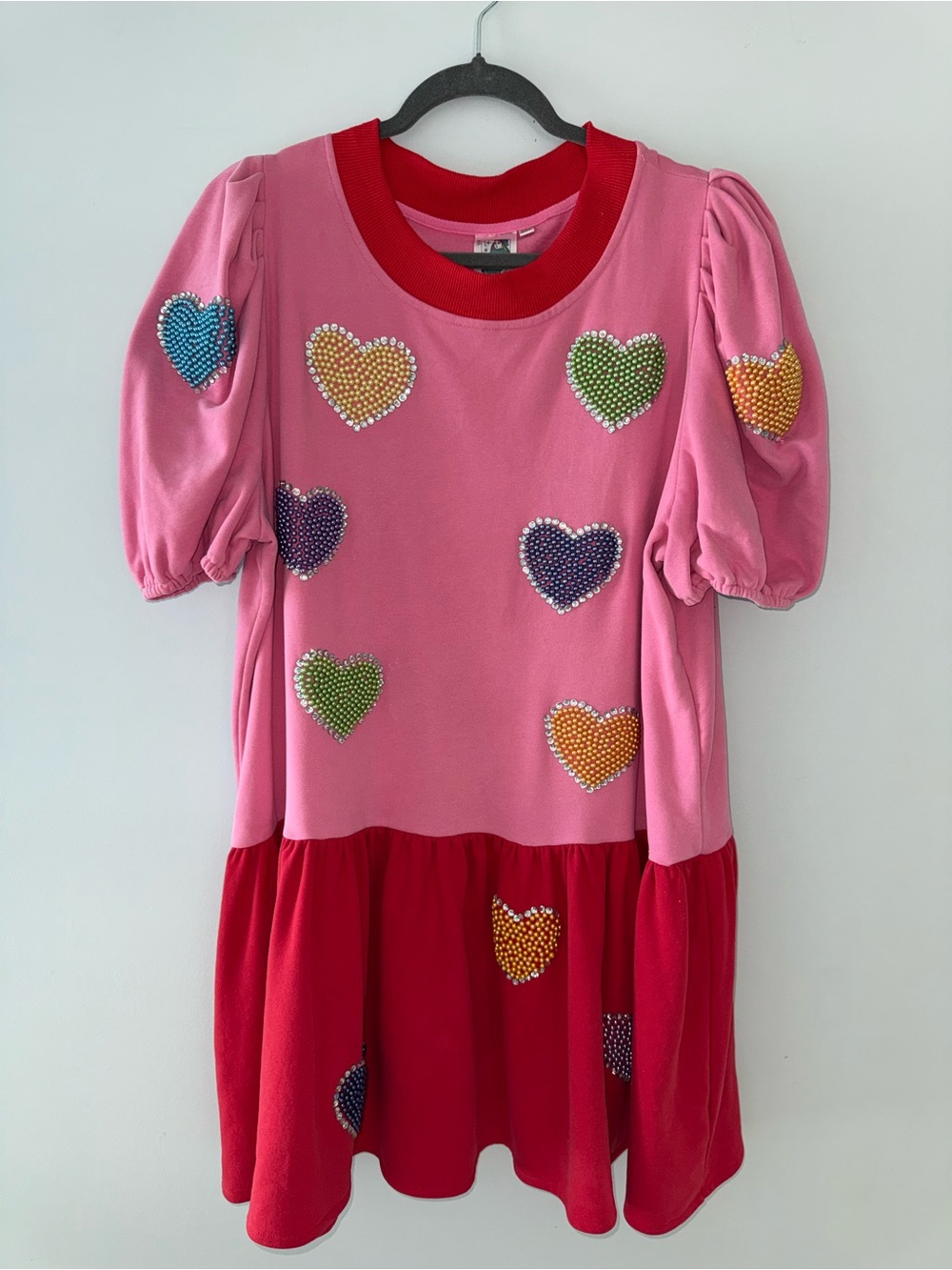 QUEEN OF SPARKLES Pink & Red Heart-Embellished Mini Dress